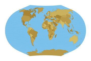 Fototapeta na wymiar World Map. Ginzburg V projection. Map of the world with meridians on blue background. Vector illustration.