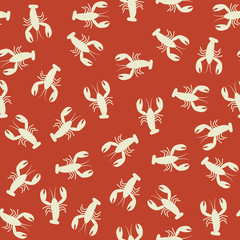 Crawfish seamless pattern. Flat illustration of white lobsters on red background.