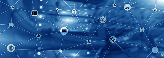 Blue Website Banner Mixed Media. IOT - internet of things concepts. ICT - information and...