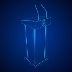 Speaker Podium. White Tribune Rostrum Stand with Microphones. Debate, press conference concept. Wireframe low poly mesh vector illustration