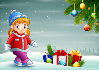 A girl with many box gifts on snowy outdoors