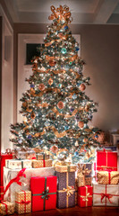 Lit Christmas tree with wrapped presents under it.