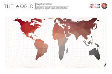 Low poly design of the world. Gringorten square equal-area projection of the world. Red Grey colored polygons. Awesome vector illustration.