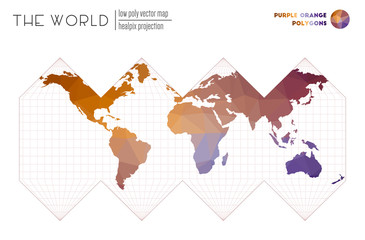 Abstract world map. HEALPix projection of the world. Purple Orange colored polygons. Modern vector illustration.