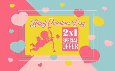 Happy Valentines day retro sale background with Cupid and pink blue yellow hearts. Vector illustration.Wallpaper.Flyers,invitation,brochure,banners