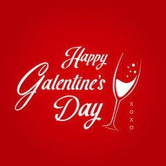 Happy Galentine's Day hand lettering typography card. Handwritten calligraphy text with champagne glass red gradient background. XOXO friends message 