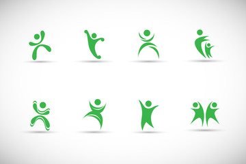 Abstract People Logo Set. Human Figure Isolated On Gray Background. Icons Collection For Human Success, Celebration Logo, Achievement Symbol And Activity. Different Happy People. Figure Logo, Vector