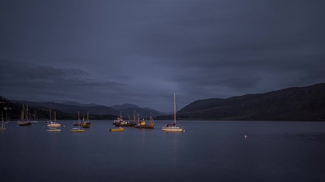 Ullapool Bay Boats at Night in Scotland