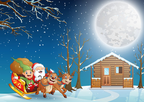 Cartoon santa claus riding his sleigh at the christmas night	