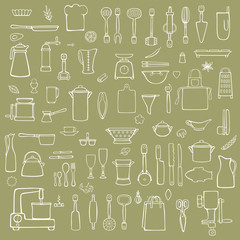 Large Set of kitchen and cook equipment, spices, cap of the chef . Hand linear black and white drawing, vector illustration isolated. 