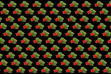 Illustration. The horizontal pattern consists of red berries and green strawberry leaves on a black background. Suitable for printing on paper, for the Internet, for banners. Concept: gardening, food