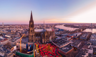 Cologne Germany Christmas market, aerial drone view over Cologne rhine river Germany