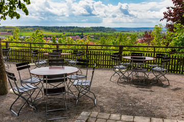 Outdoor cafe overlooking bavarian langscape at Romantic Road in Germany