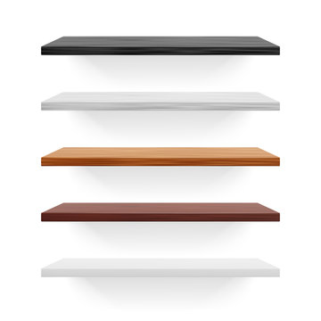 Realistic wooden shelf set. Isolated black, white and brown vector shelves.