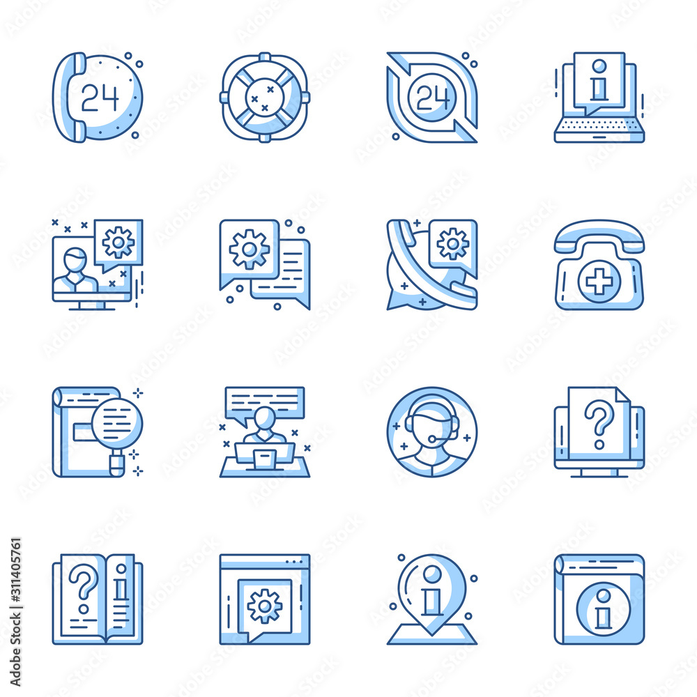 Poster customer service, online support linear vector icons set. 24 hours call center, internet assistance,