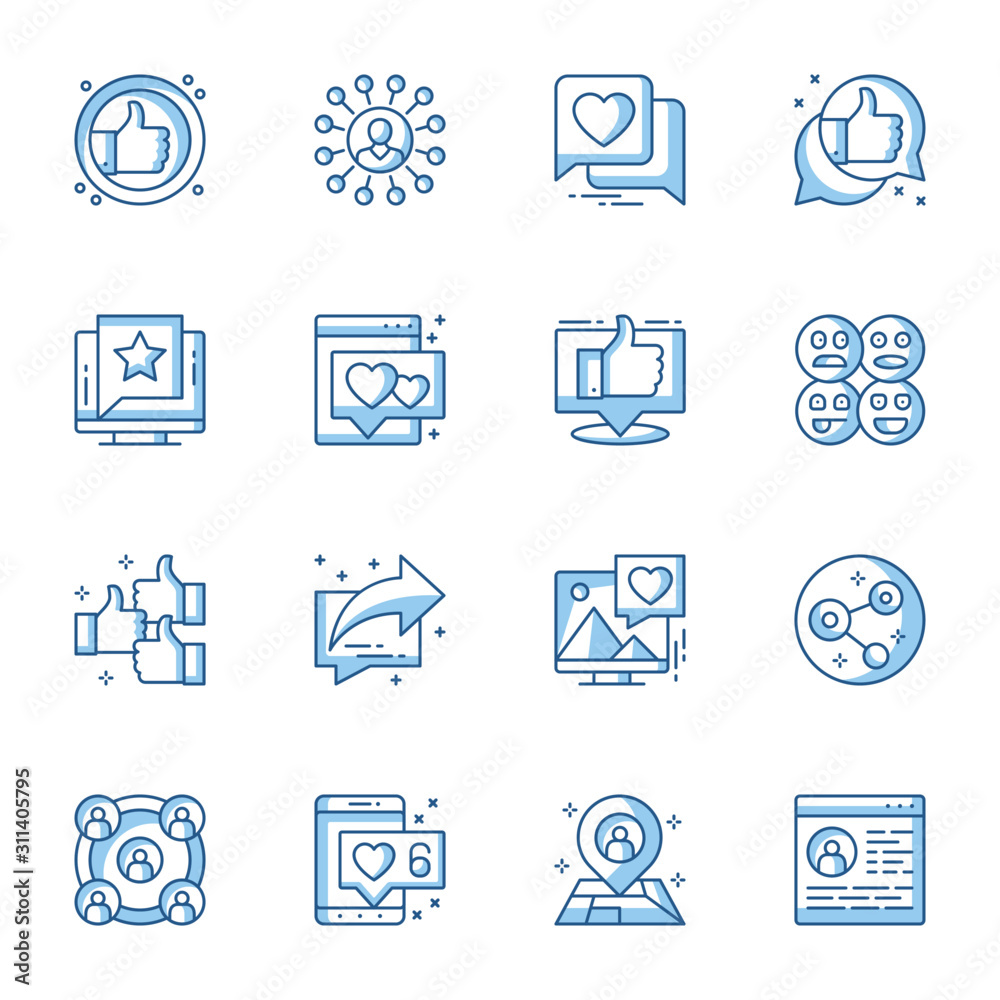 Poster Social media communication linear icons set. Internet conversation, online chatting contour symbols isolated pack. Social networks like, positive feedback, message thin line illustrations collection