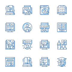 Elearning, remote education linear vector icons set. Webinar, Internet lesson, video tutorial contour symbols isolated pack. Online course, school distance class thin line illustrations