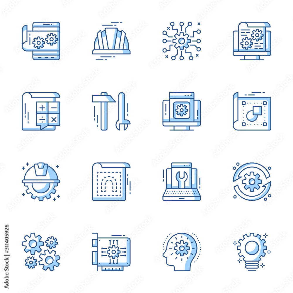 Aufkleber engineering and machinery linear vector icons set. cogwheel, blueprint, building construction draft 