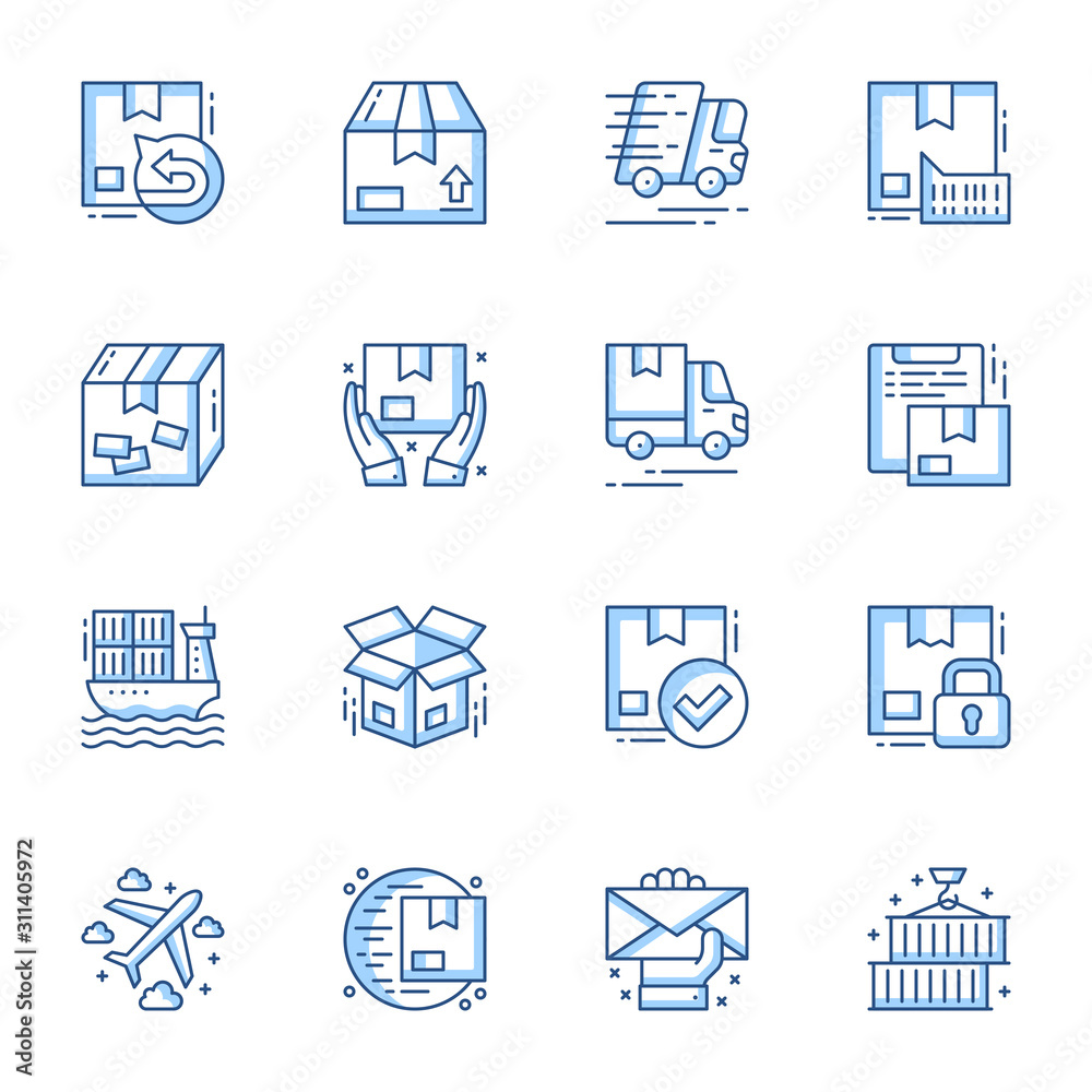 Aufkleber Order delivery and cargo shipment linear vector icons set. Logistic and distribution contour symbols isolated pack. Fast courier service, parcel express delivering thin line illustrations