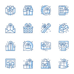 Presents linear vector icons set. Surprise box with ribbon and bow, store gift card, coupon contour symbols isolated pack. Shop bonus, electronic voucher thin line illustrations collection
