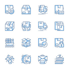 Order delivery and cargo shipment linear vector icons set. Logistic and distribution contour symbols isolated pack. Fast courier service, parcel express delivering thin line illustrations