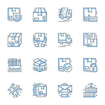 Order delivery and cargo shipment linear vector icons set. Logistic and distribution contour symbols isolated pack. Fast courier service, parcel express delivering thin line illustrations