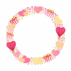 Watercolor round shaped wreath with cute love elements: hearts, hot air balloon, gift box and candies. Hand drawn frame isolated on white background for wedding, Valentines Day, holiday design