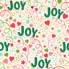 Seamless vector pattern with streamers, confetti and word joy.