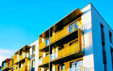 Apartment residential home facade with empty place for copy space reflex