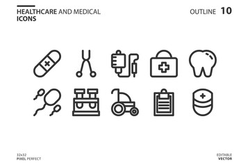 Medical icon set in line style. Vector graphics illustration and editable stroke. Isolated on white background.