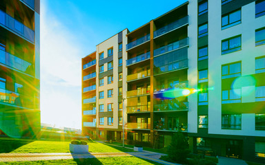 Apartment residential house facade architecture with outdoor facilities sunlight reflex