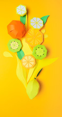 exotic fruits made of paper on yellow background