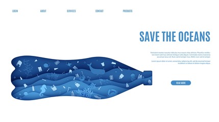Web page stop ocean plastic pollution banner design template in paper cut style. Underwater view through the bottle silhouette. Seabed reef and fish in waves Vector World Water Day website concept.