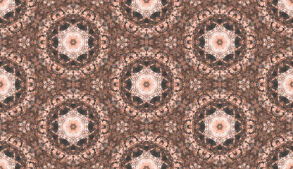 Geometric seamless design template with brown, white and ivory elements. Tile background pattern with symmetric bleached floral ornament