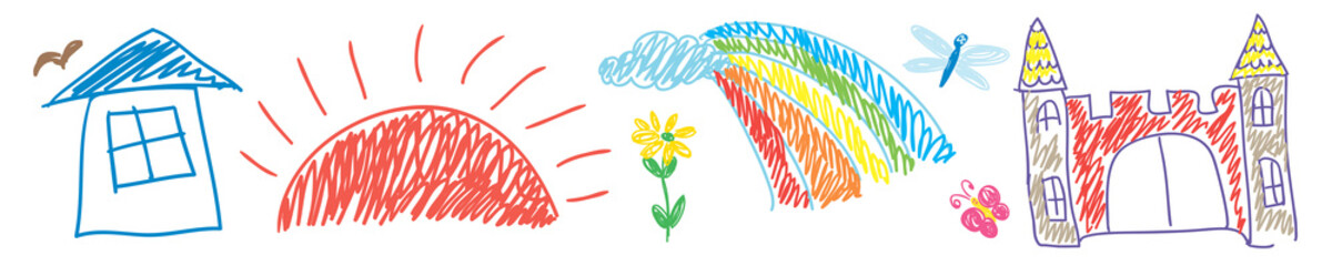 Kids drawing flowers, sun. Multicolored symbols set for kindergarten, school. Children pattern. - 311408768