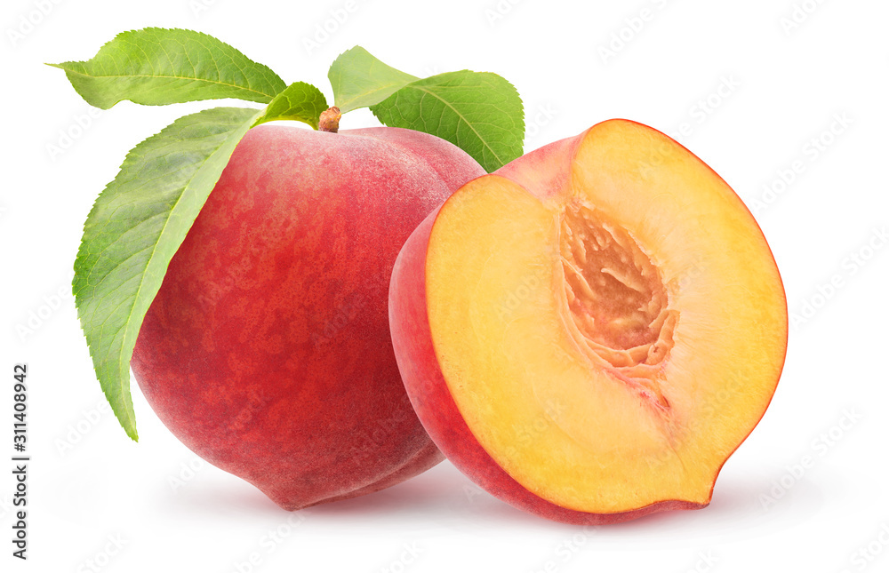Poster one whole peach fruit and one half isolated on white background with clipping path