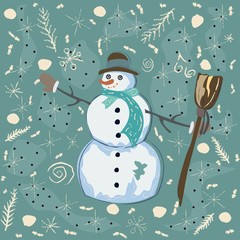 Happy Character of Snowman on a cute winter background with doodles. Unique Delicate Design