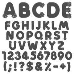 Alphabet, letters, numbers and symbols from vials, tubes with corks. Set of isolated black and white objects on a white background.