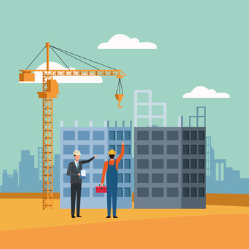 enginner and builder standing on under construction scenery background