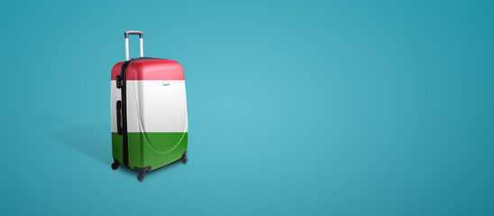 Travel suitcase with the flag of Italy. Holiday destination, panoramic mock-up over blue background