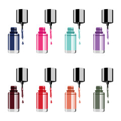 Nail polish colour set on white background with colorful drops realistic vector illustration