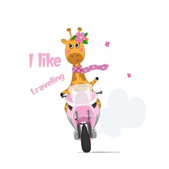 Cute giraffe on a motorcycle.Children's print on clothes, greeting card, party invitation. Hand drawn vector illustration.