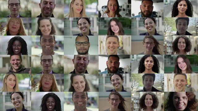 Diverse men and women looking at camera. Multiscreen montage of cheerful multiethnic men and women standing and smiling at camera. Facial expression concept