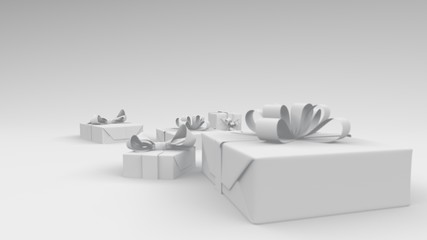 3d render of white present boxes wraped in a white ribbon in a white background. Shallow depth of field. copy space left for text. ideal for celebrations and christmas.