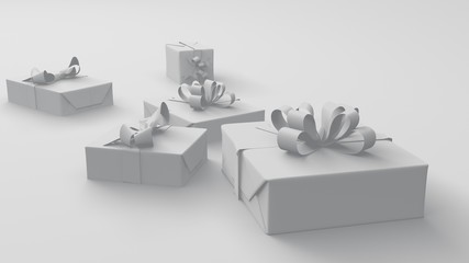 3d render of white present boxes wraped in a white ribbon in a white background. Shallow depth of field. copy space left for text. ideal for celebrations and christmas.