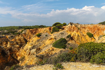 Yellow cliffs and blue sky panorama at shot at bright day 