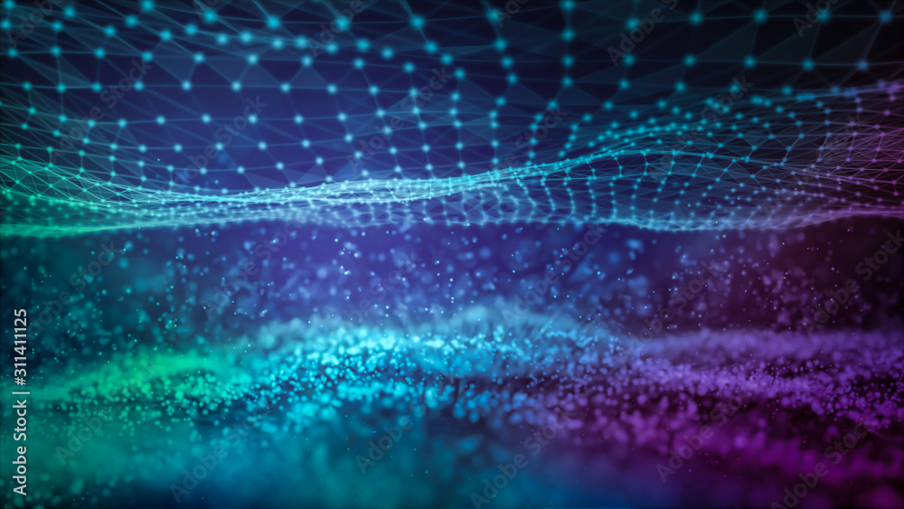 Fototapete illustration of particle wave movement Futuristic computer digital.Abstract 3d Rendering of technology futuristic geometrical computer virtual reality.Science and technology background concept.