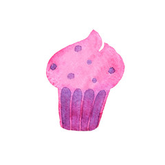 Hand drawn watercolor illustration of pink cupcake with violet spots and decor isolated on white background. Romantic design for card, flyer, invitation, wedding, St Valentines Day