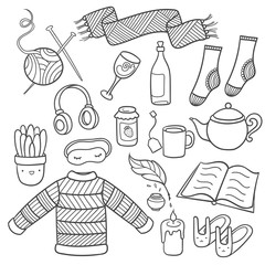 Set of cozy objects in doodle style. Hugge elements for cold season. Easy to change colors inside of objects.