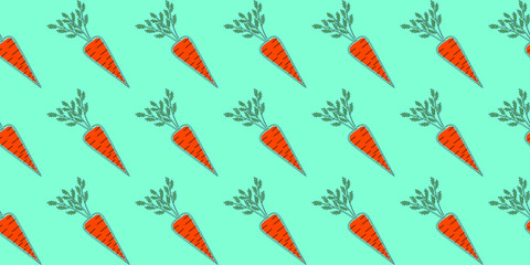 Seamless pattern of contour carrots drawn in one line with a substrate of color of lush lava on an aqua menthe background. Trend colors. Vector.